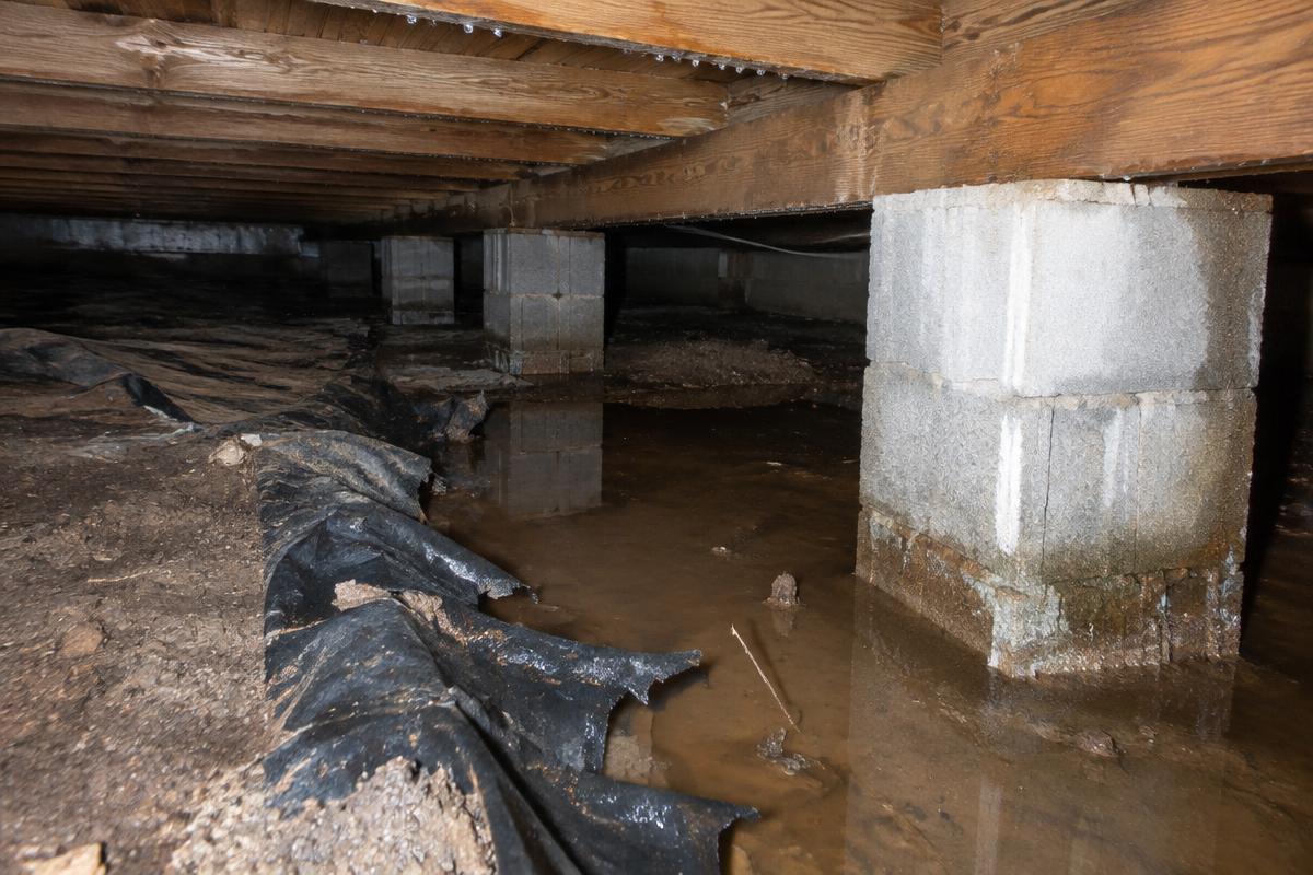 Standing water and torn plastic sheeting on the damp soil of a vented crawl space